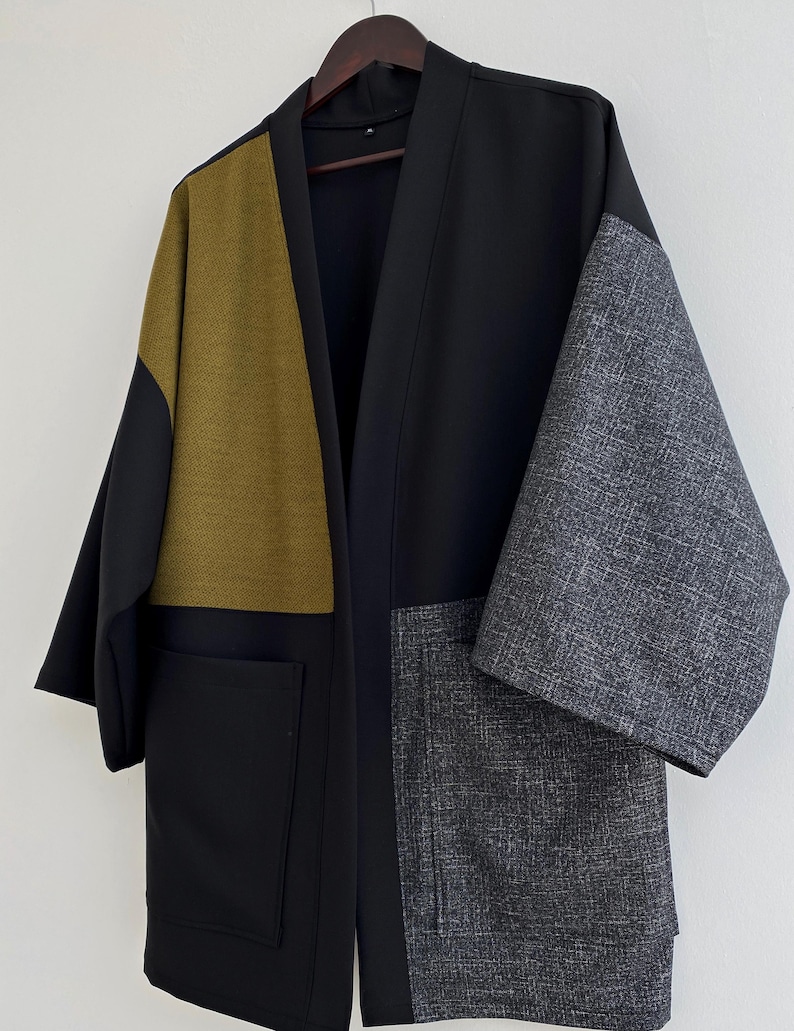 Men Japanese Kimono Cardigan, Streetwear Loose Haori Coat, Fall Patchwork Jacket, Flannel Urban Clothing image 2