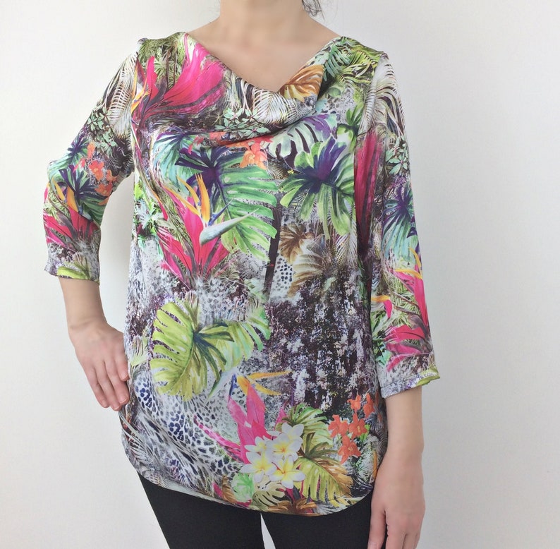 Tropical Floral Cowl Neck Satin Blouse 90s Retro Summer Loose - Etsy