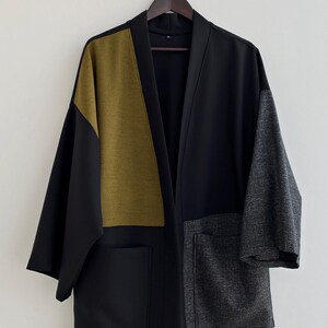 Men Japanese Kimono Cardigan, Streetwear Loose Haori Coat, Fall Patchwork Jacket, Flannel Urban Clothing image 4
