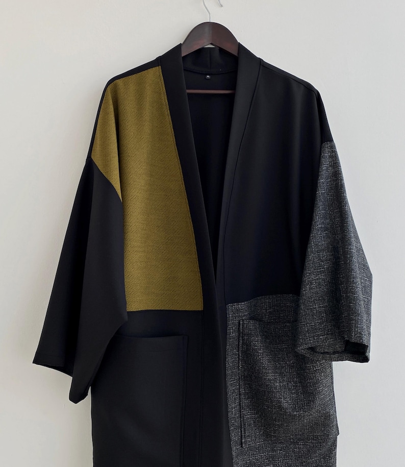 Men Japanese Kimono Cardigan, Streetwear Loose Haori Coat, Fall Patchwork Jacket, Flannel Urban Clothing image 4