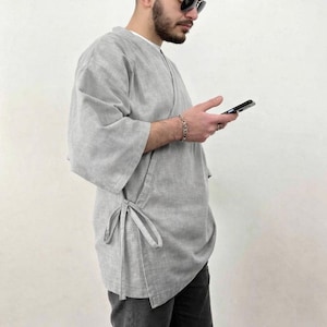 Mens Linen Kimono Wrap Top, Japanese Minimalist Summer Shirt, Lightweight Style Clothing