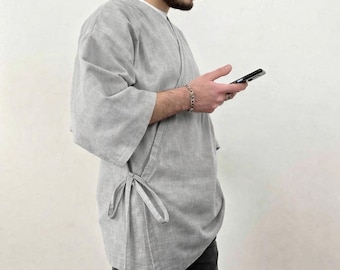 Mens Linen Kimono Wrap Top, Japanese Minimalist Summer Shirt, Lightweight Style Clothing