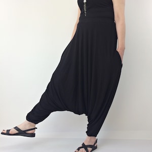 Black Harem Yoga Pants Women, Baggy Drop Crotch Men Pants, Boho Hippie Elastic Waist Salwar, Loungewear Comfy Trousers, Wanderlust Gift