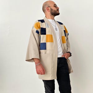 Men's Japanese Kimono Cardigan, Fall Patchwork Haori Jacket, Streetwear Loose Men Yukata Coat image 9