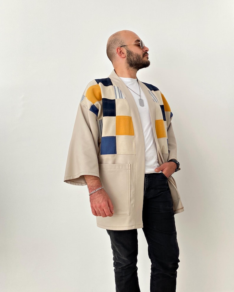 Men's Japanese Kimono Cardigan, Fall Patchwork Haori Jacket, Streetwear Loose Men Yukata Coat image 9
