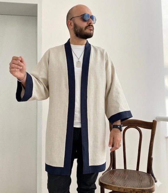 Mens Linen Kimono Jacket, Japanese Haori Noragi, Lightweight