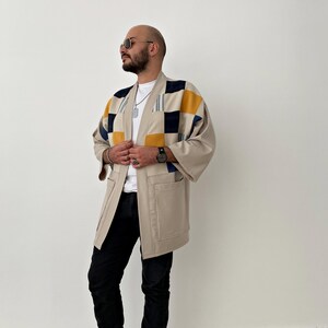 Men's Japanese Kimono Cardigan, Fall Patchwork Haori Jacket, Streetwear Loose Men Yukata Coat image 6