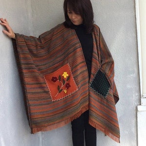 Fall Apparel Embroidery Pocket Poncho, Oversize Women Cloak, Blanket Coverup, Plussize Pelerine, Men Rusty Wrap Cape, Burnt Orange Outfit
