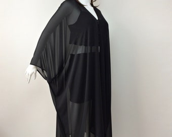 Black Sheer Chiffon Kimono, Plus Size Caftan, Boho Beach Coverup