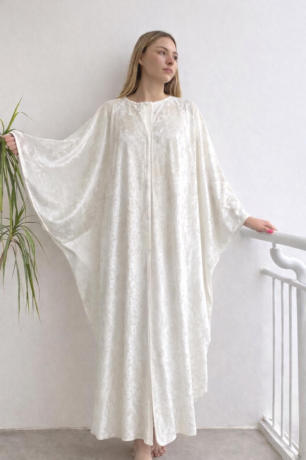 Cream-white Crushed Velvet Caftan Dress, Open Front Snap Closure