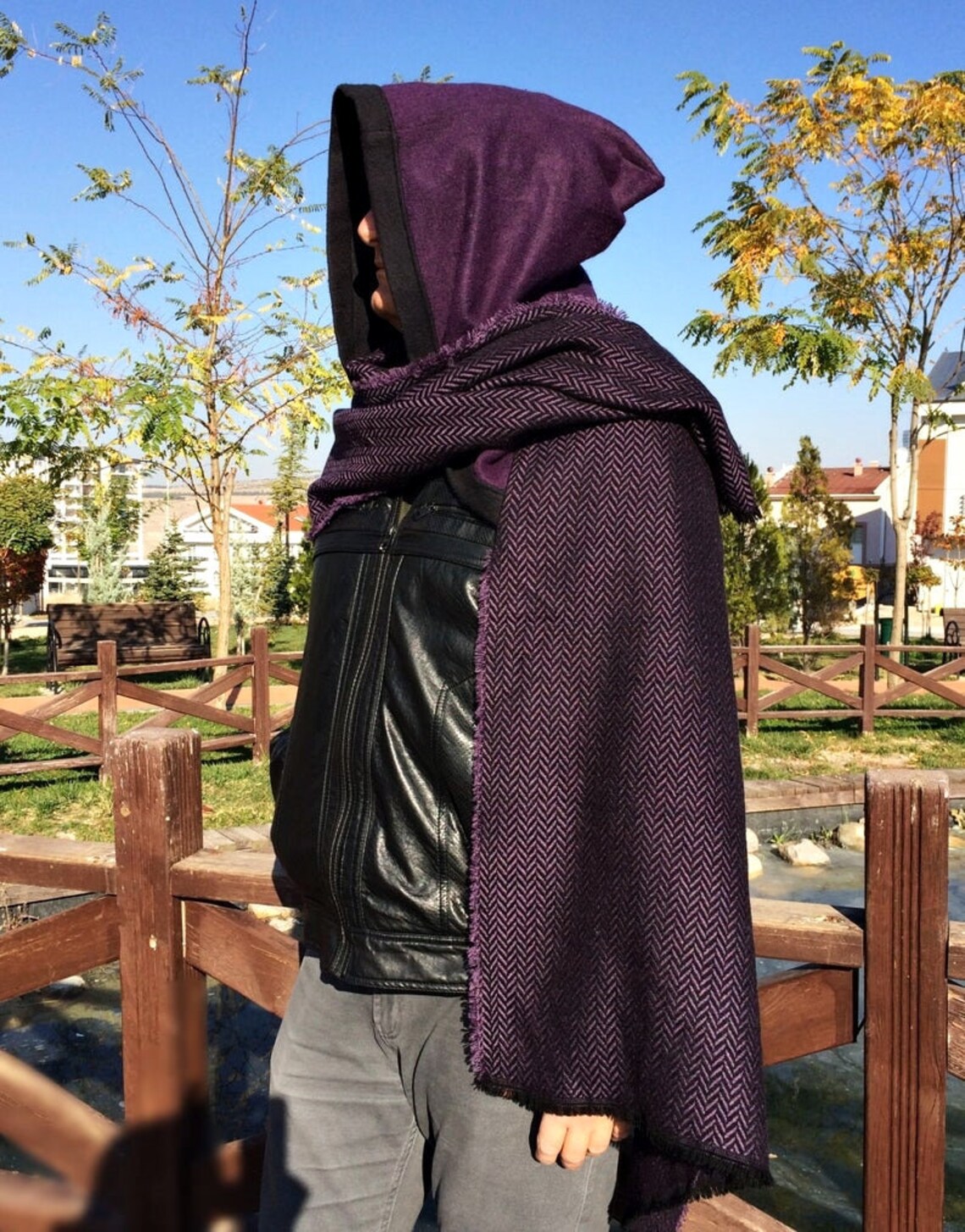 Wool Hooded Blanket Scarf Men Travel Wrap Shawl Tweed Etsy