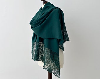 Sciarpa in pashmina verde smeraldo, scialle in pizzo verde bosco, sciarpa oversize da sposa, regalo per la mamma della sposa, pashmina da sera boho, scialle da sposa