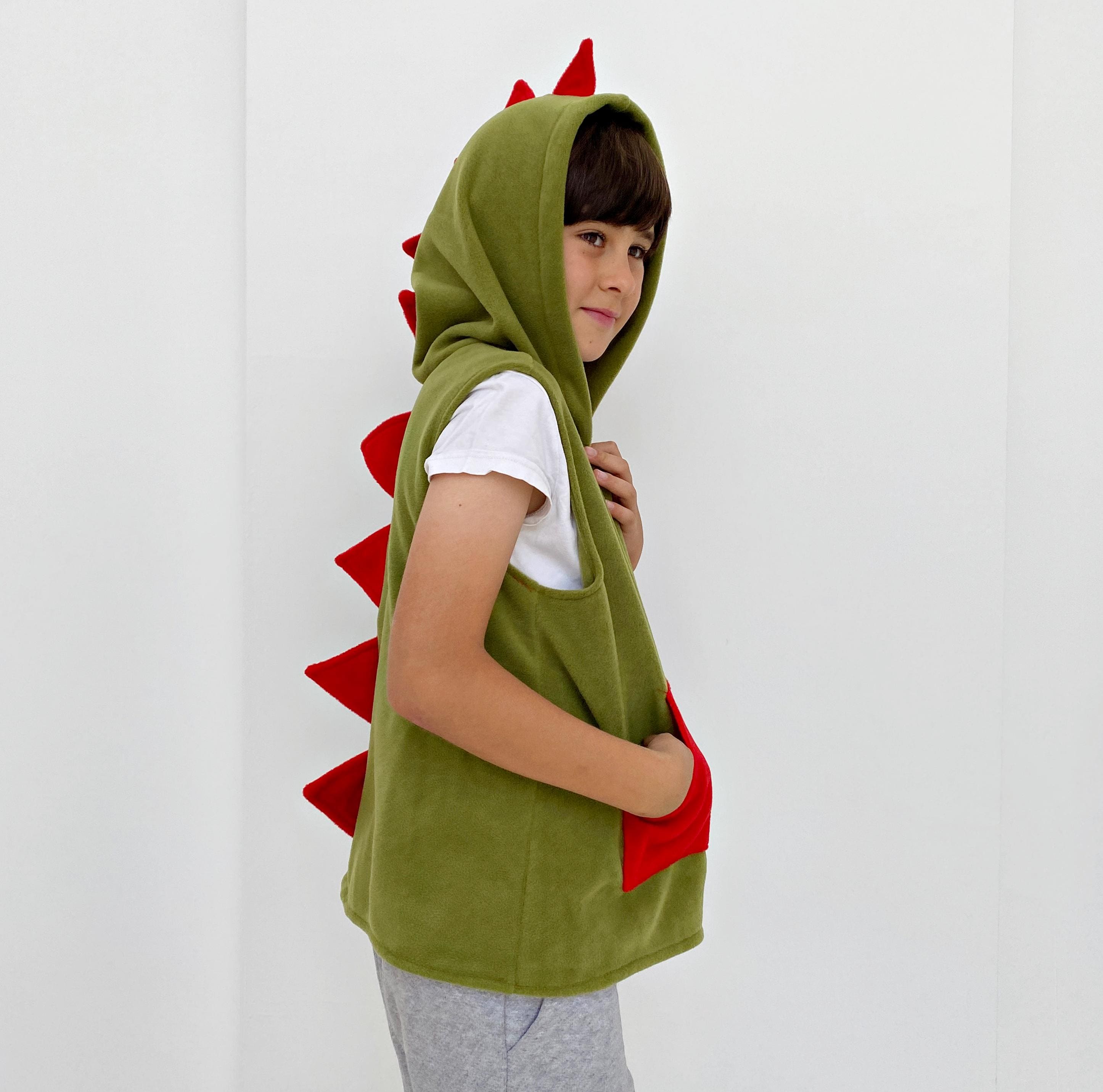 Green Dinosaur Vest, Halloween Dino  Costume, Kids' Holiday Hoodie, Red Spikes Fleece Hooded Vest, T-Rex Dress-up, Dino Lover's Gift