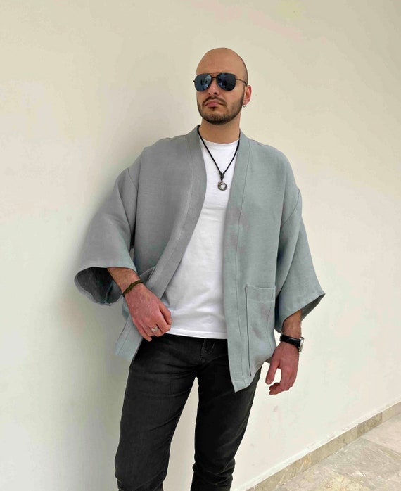 Men Embroidery Japanese Kimono Jacket Baggy Top Cardigan Thin Denim Outwear