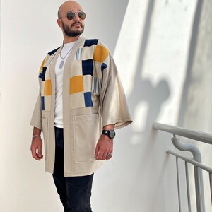 Men's Japanese Kimono Cardigan, Fall Patchwork Haori Jacket, Streetwear Loose Men Yukata Coat image 10