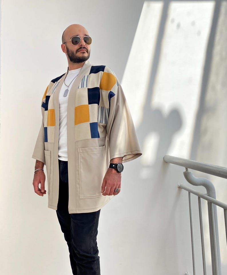 Men's Japanese Kimono Cardigan, Fall Patchwork Haori Jacket, Streetwear Loose Men Yukata Coat image 10