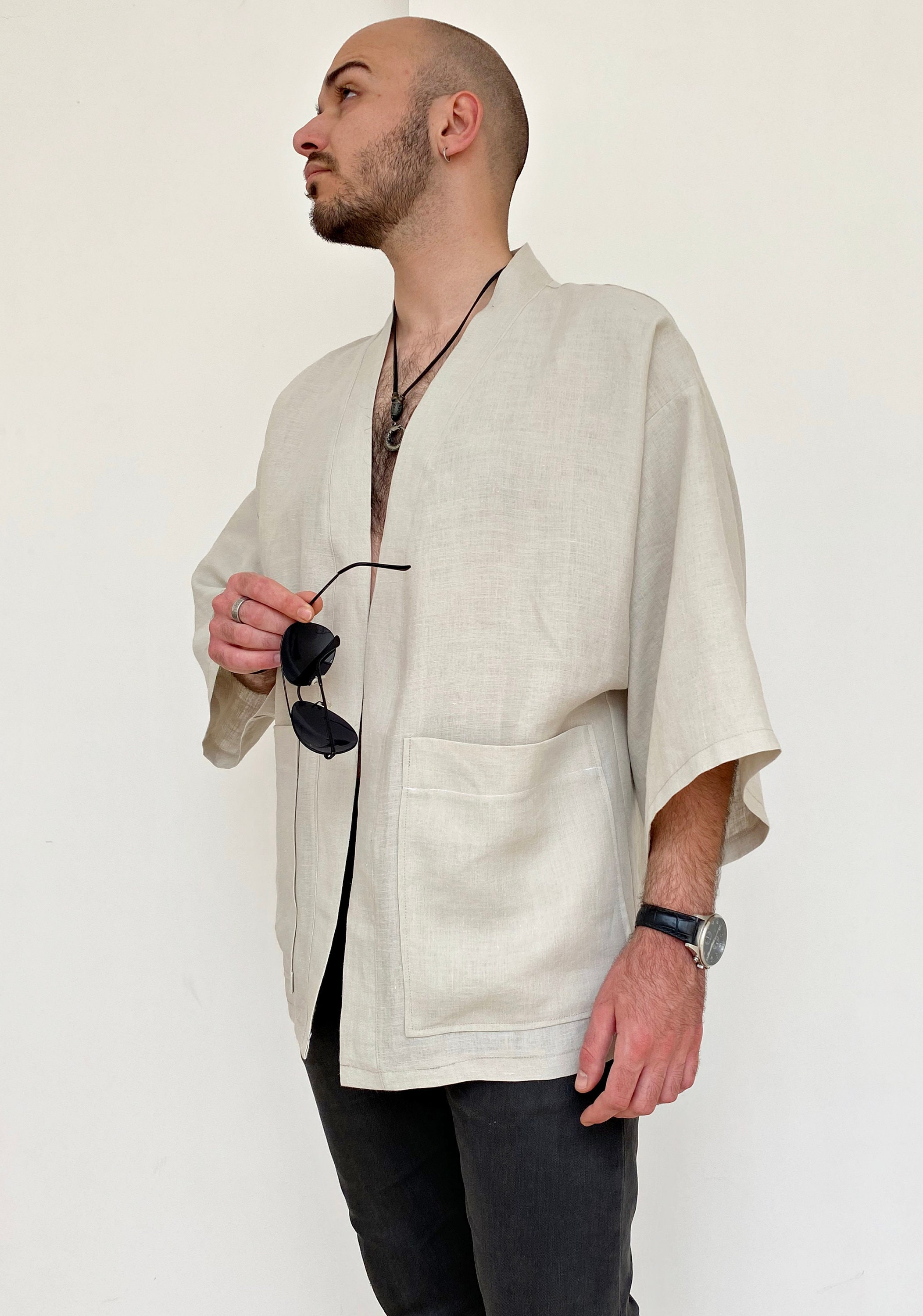 Natural Linen Men's Jacket, Minimalist Haori Kimono, Japanese