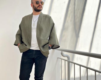 Men's Linen Kimono Cardigan, Sage Green Haori Jacket, Unisex Boho Streetwear