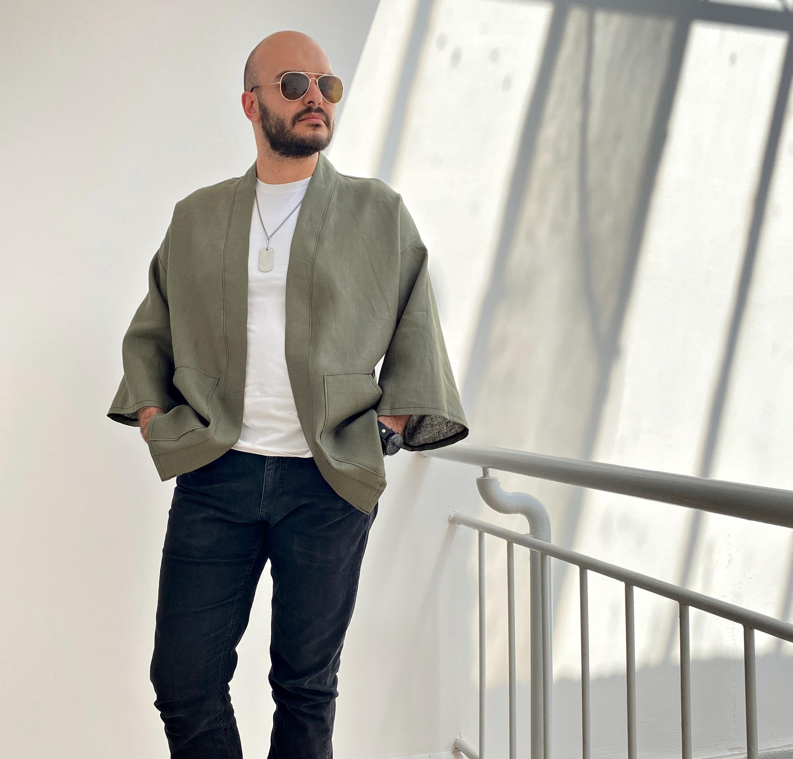 Men's Linen Kimono Cardigan, Sage Green Haori Jacket, Unisex Boho