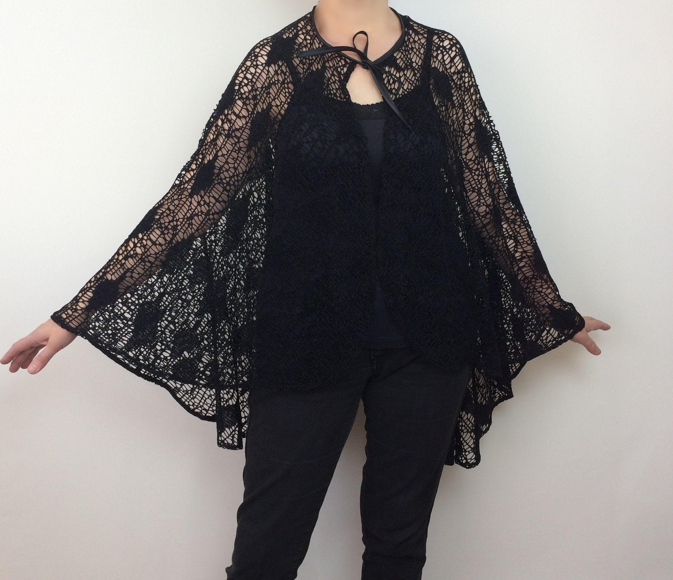 Halloween Sheer Lace Cape, Black Mesh Evening Cloak, Dress Cover up  Costume, Shoulders Loose Shawl, Women Lacy Poncho, Evening Dress Topper -   Canada