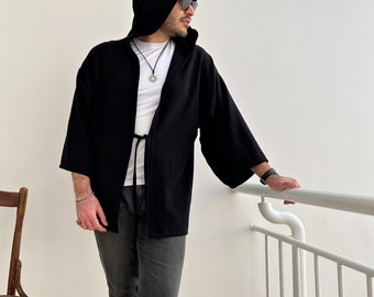 Black Hooded Jacket, Gender Neutral Kimono, Unisex Japanese Haori