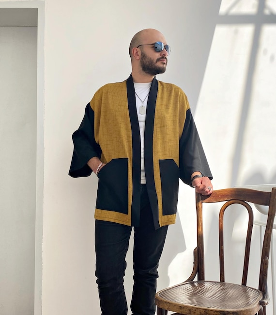 Mustard Men's Haori, Japanese Kimono Jacket, Baggy Flax Cardigan