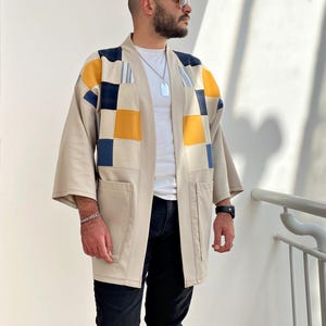 Men's Japanese Kimono Cardigan, Fall Patchwork Haori Jacket, Streetwear Loose Men Yukata Coat image 2
