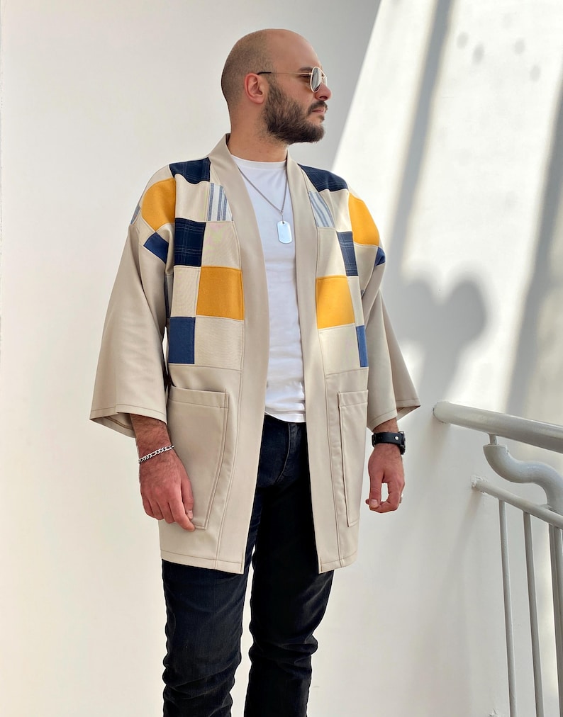 Men's Japanese Kimono Cardigan, Fall Patchwork Haori Jacket, Streetwear Loose Men Yukata Coat image 2