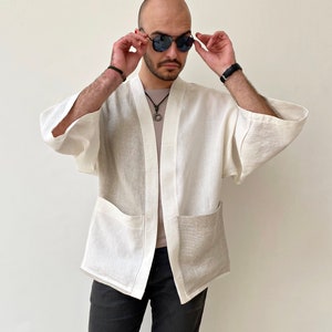 Linen Men&#39;s Jacket, Japanese Loose Haori, Noragi Flax Cardigan, Streetwear Kimono Clothing, White Casual Baggy Coat, Gift For Him