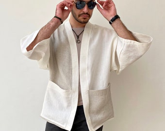 Linen Men's Jacket, Japanese Loose Haori, Noragi Flax Cardigan, Streetwear Kimono Clothing, White Casual Baggy Coat, Gift For Him