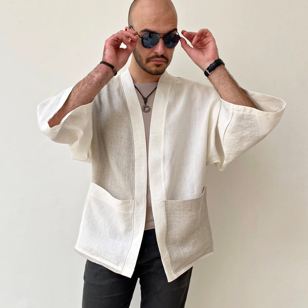 Veste en lin pour homme, haori ample japonais, cardigan en lin Noragi, kimono streetwear, manteau ample décontracté blanc, cadeau pour lui