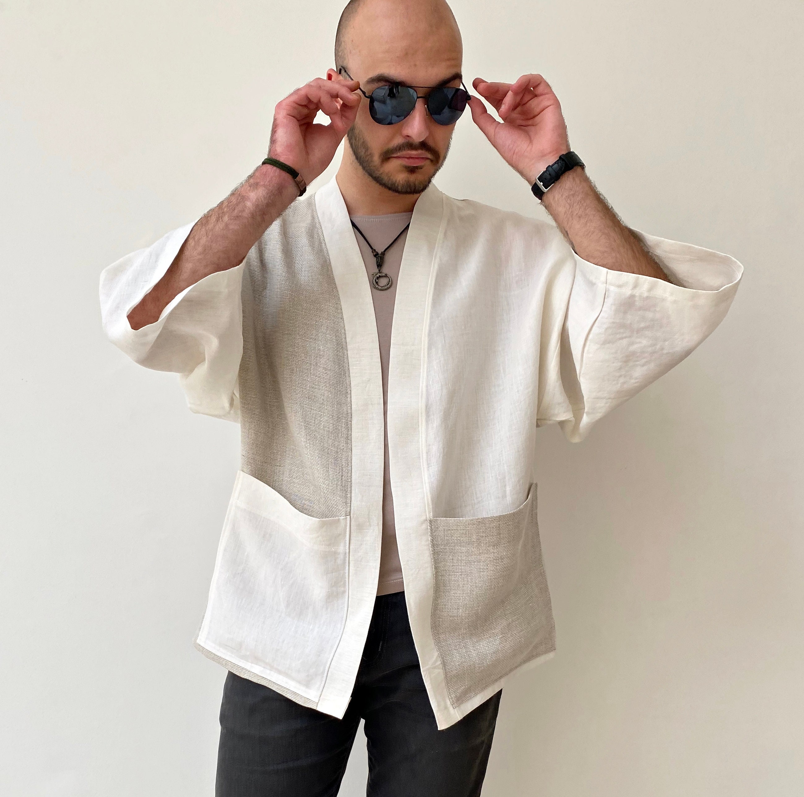 Linen Men's Jacket, Japanese Loose Haori, Noragi Flax Cardigan