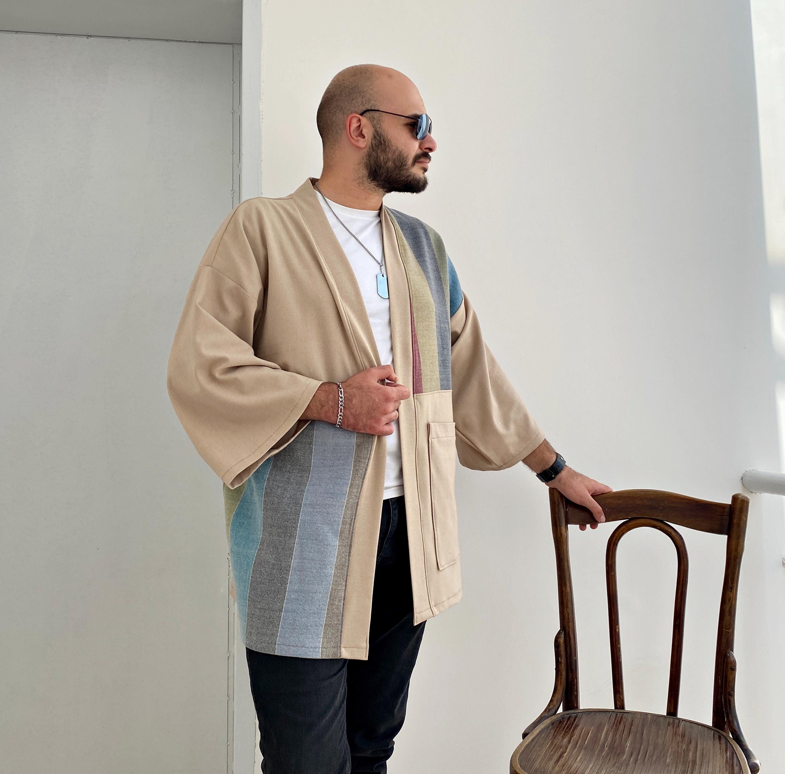 Men's Wool Blend Patchwork Kimono Cardigan, Japan Style Haori