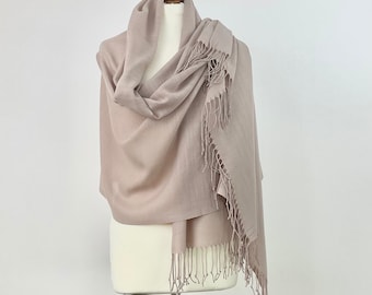 Nude Beige Linen Pashmina, Bridal Fringed Wrap, Wedding Tassel Tan