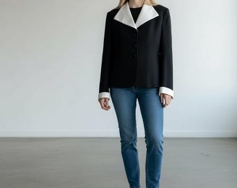 Vintage Christian Dior Black & White Jacket Blazer Size 8. Authentic Designer, Satin Lapels, Classic Tailored Fit