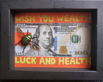 Rearwheel Drive Wish Luck Health Wealth Jewel Bug Chrysophora chrysochlora Shadowbox Frame