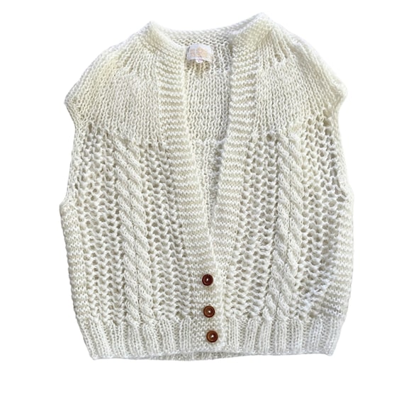 60s 70s Vintage Off White Cable Knit Sweater Vest - image 1