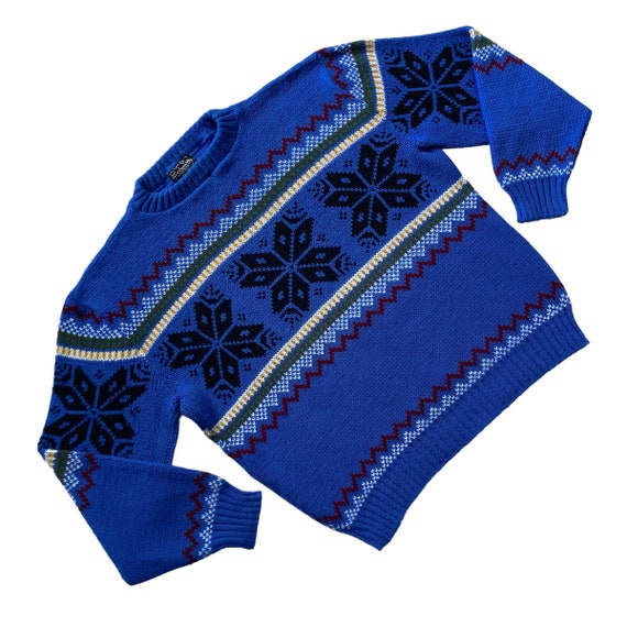 70s 80s Vintage Bright Blue Nordic Snowflake  Swe… - image 1