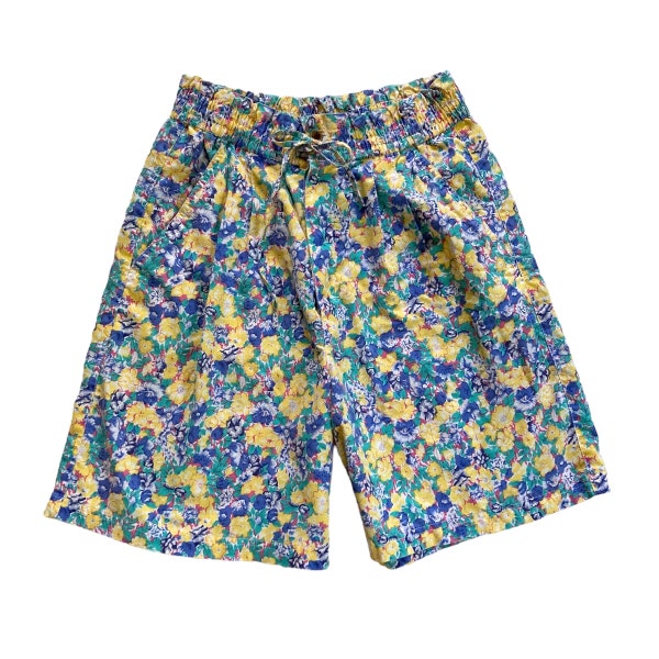 80s 90s Vintage High Waisted Blue and Yellow Floral Shorts Made by Simply Basic