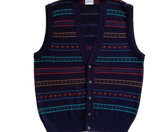 80s 90s Vintage Preppy Navy Blue Striped  Sweater Vest Made by Maglificio Florence