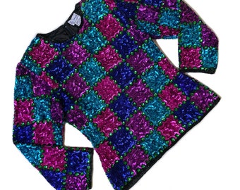 NWT 80s Vintage Colorful Sequin Long Sleeve Top Made by Exclusive