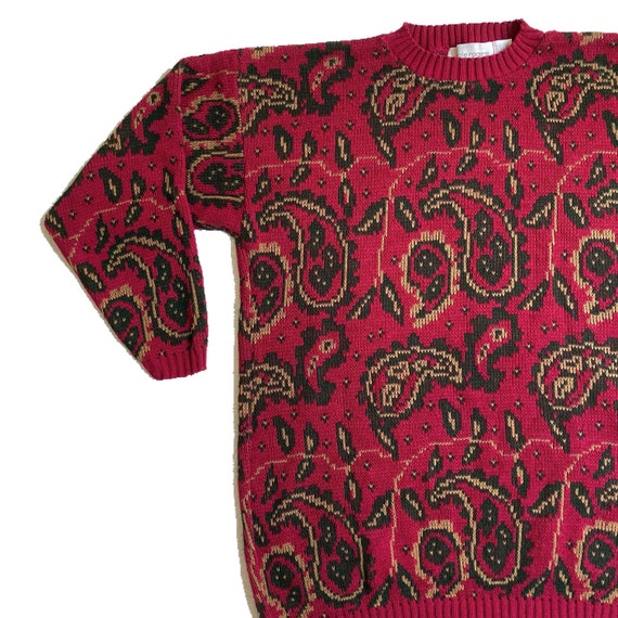 80s 90s Vintage Red and Green Paisley Pattern Swe… - image 2
