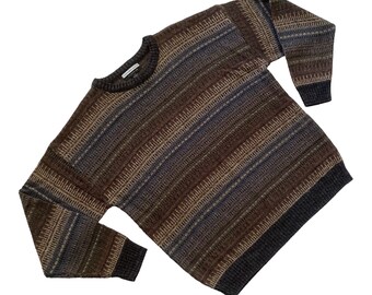 80s 90s Vintage Brown Geometric Striped Dad Sweater Made by Geoffrey Bean Classics