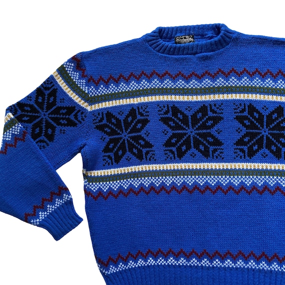 70s 80s Vintage Bright Blue Nordic Snowflake  Swe… - image 2