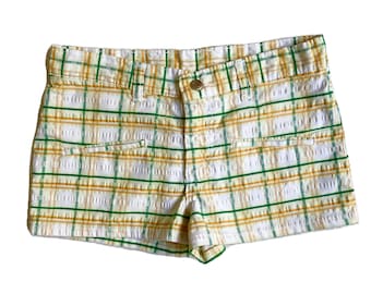 XS 70s 80s Vintage Low Rise Yellow Green Plaid ShortsMade by Maverick