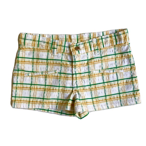 XS 70s 80s Vintage Low Rise Yellow Green Plaid Sho