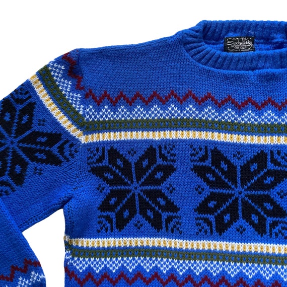 70s 80s Vintage Bright Blue Nordic Snowflake  Swe… - image 3