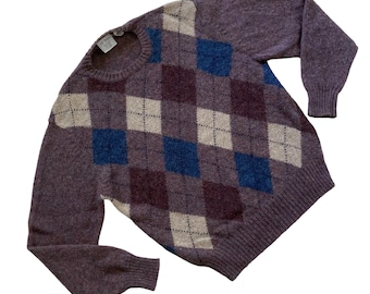 80s 90s Vintage Purple Argyle Wool Preppy Dad Sweater Made by JB Britton for Fashionbar
