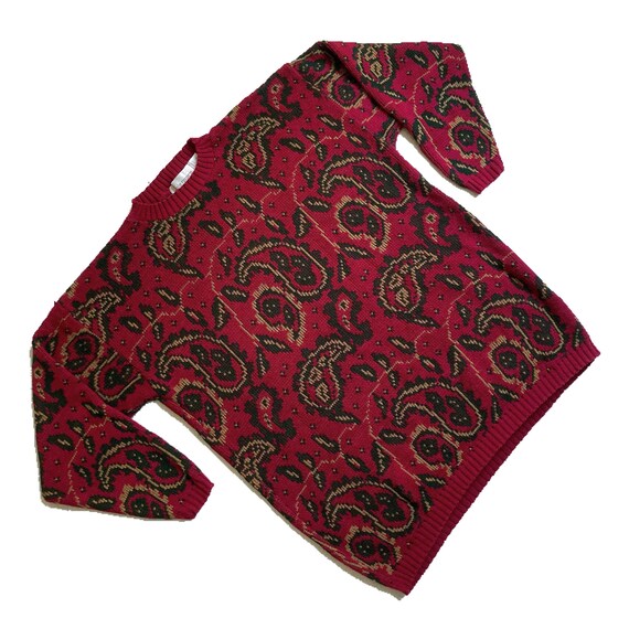 80s 90s Vintage Red and Green Paisley Pattern Swe… - image 1