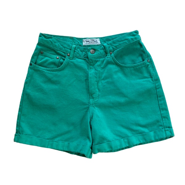 28 Waist 80s 90s Vintage High Waisted Green Denim Cuffed Shorts Made by Arizona Jeans